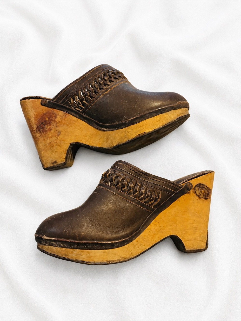 Riviera Vintage Brown Leather Wooden Clogs Mules Braided Trim Women’s Size 8